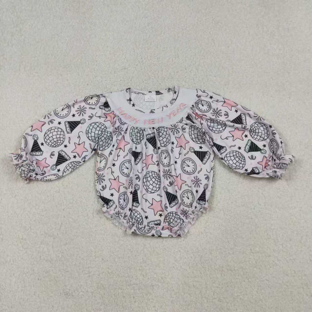Sibling Embroidery Happy New Year Baby Girls Knee Length Dresses Ruffle Rompers