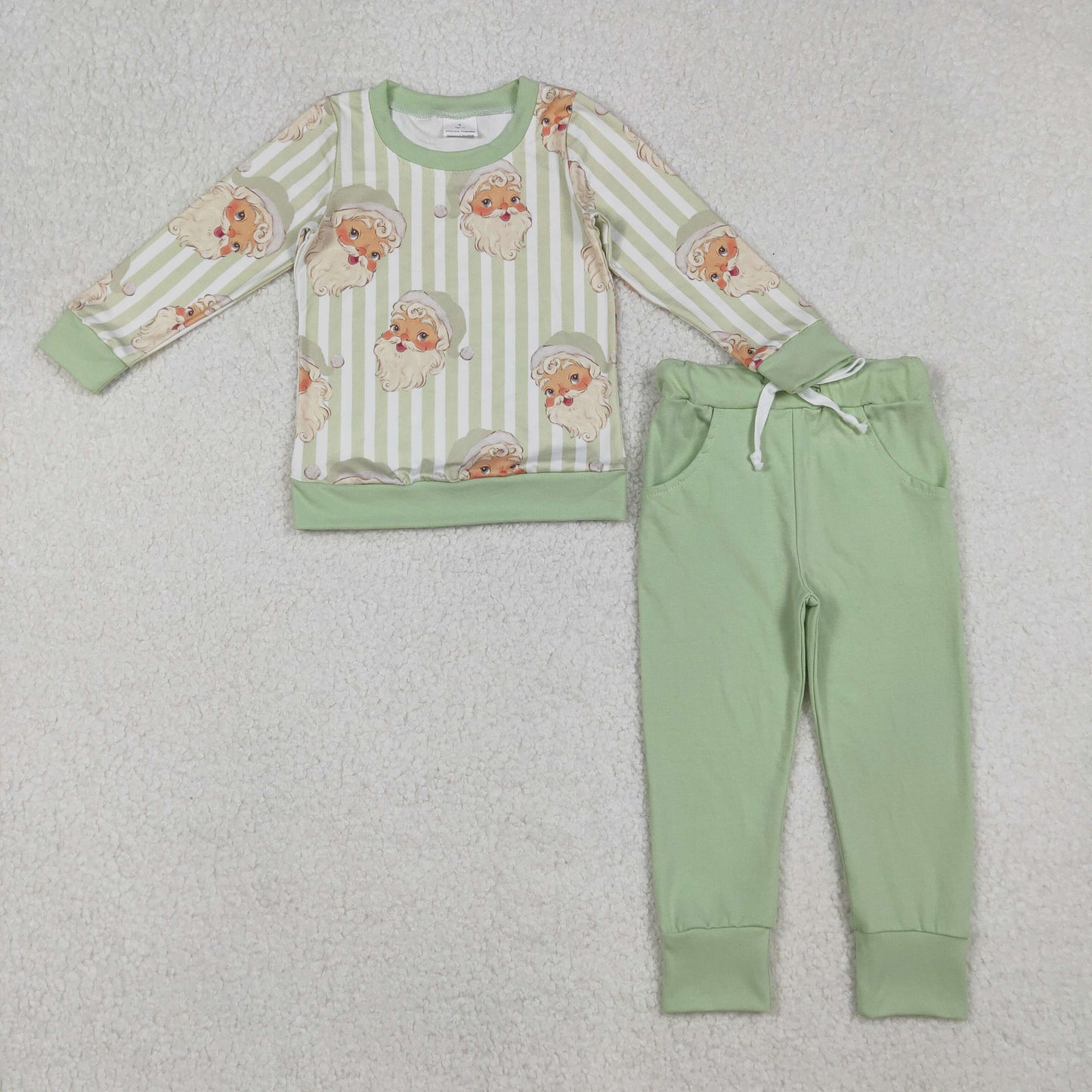 BLP1074 Baby Boys Green Stripe Santa Top Pockets Jogger Pant Christmas Clothes Sets