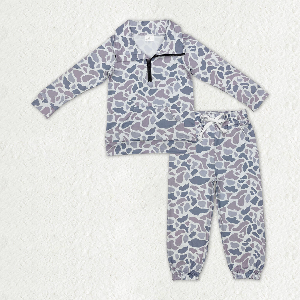 BLP1319 Baby Boys Light Grey Camo Pockets Zipper Pullover Top Jogger Pants Southern Clothes Sets
