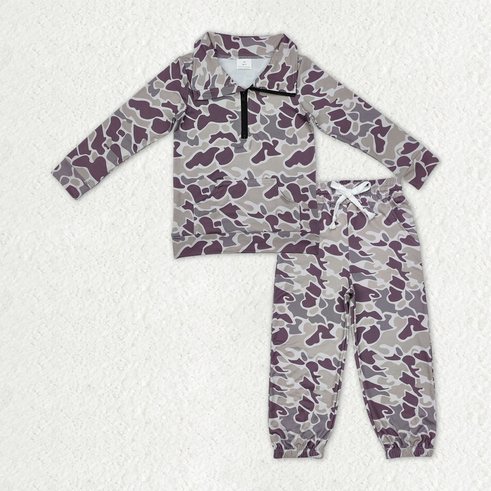 BLP1320 Baby Boys Grey Camo Pockets Zipper Pullover Top Jogger Pants Southern Clothes Sets