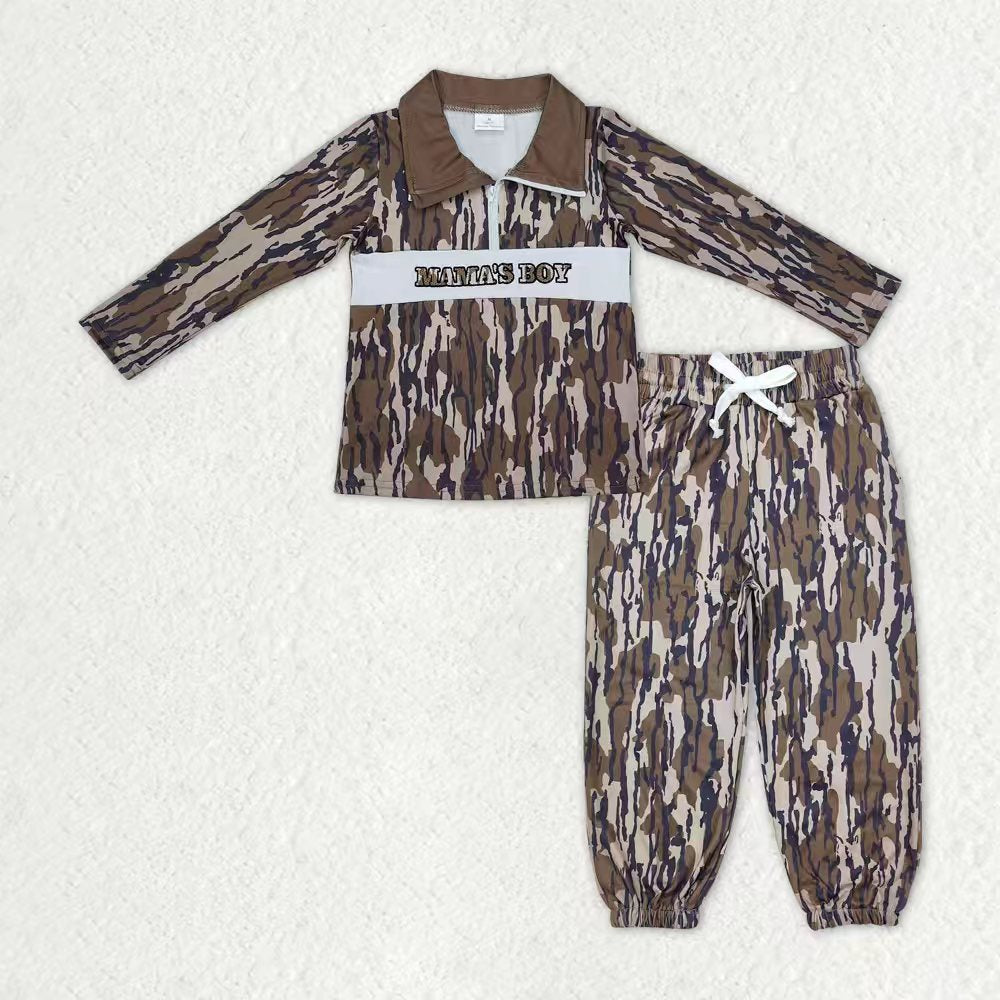 Sibling Baby Boys Camo Embroidery Mama's Boy Ducks Dogs Zipper Pullover Pockets Jogger Hunting Clothes Set