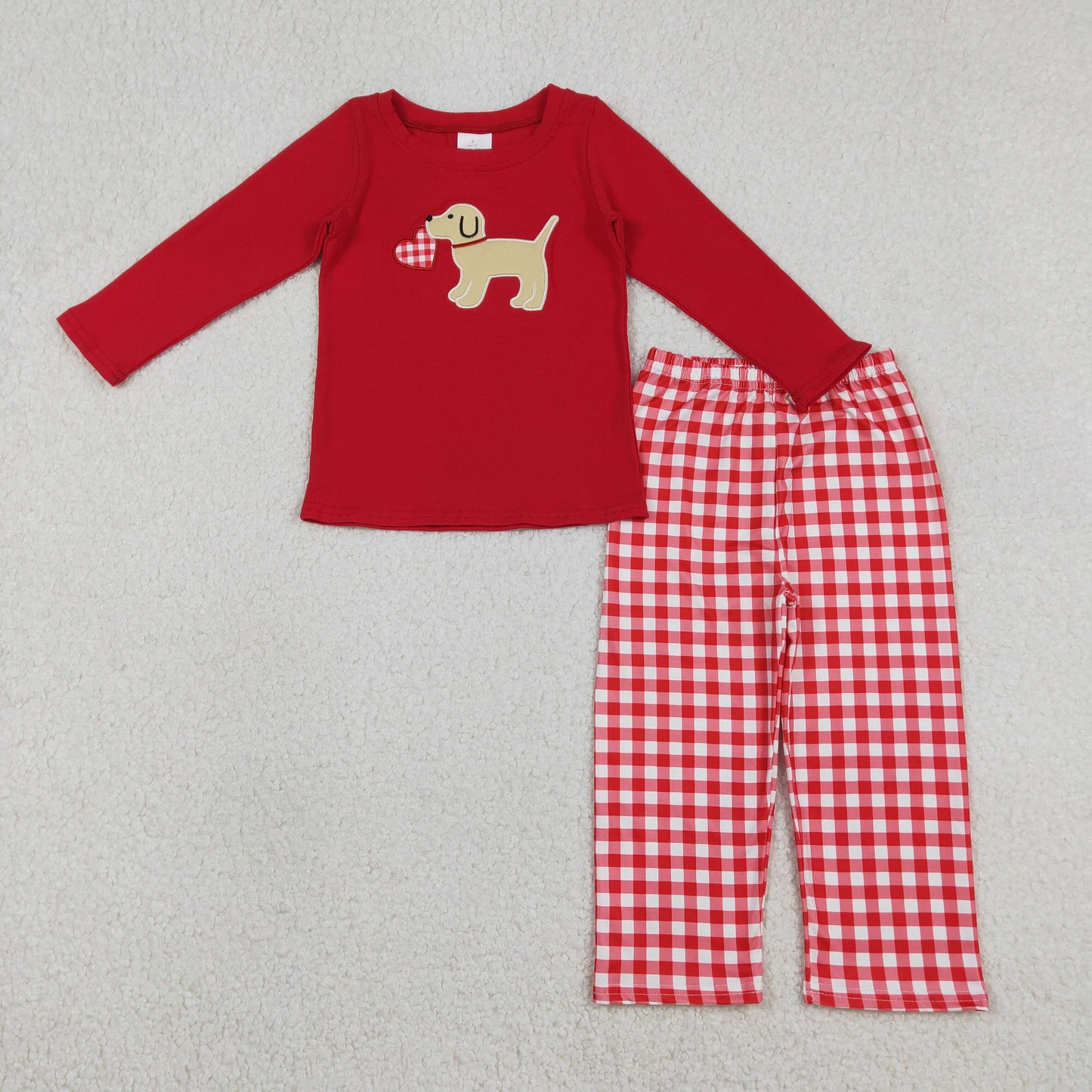 BLP1397 Baby Boys Embroidery Heart Dogs Top Checked Pants Valentines Clothes Sets