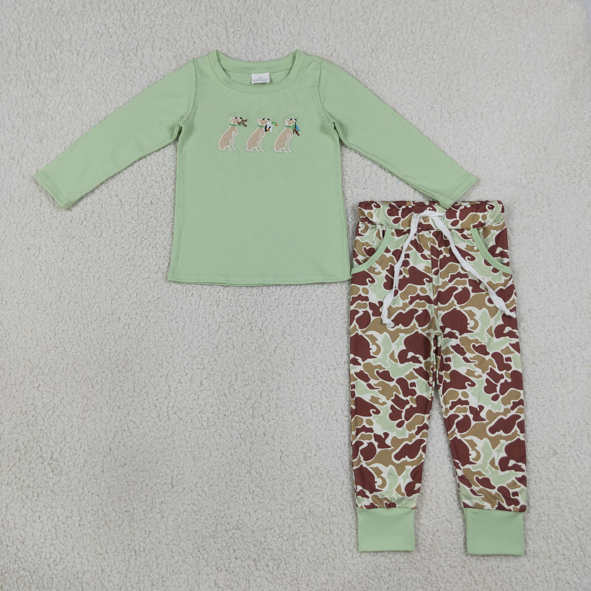 Sibling Baby Boys Long Sleeve Embroidery Deer Ducks Fishing Pants Hunting Clothes Sets