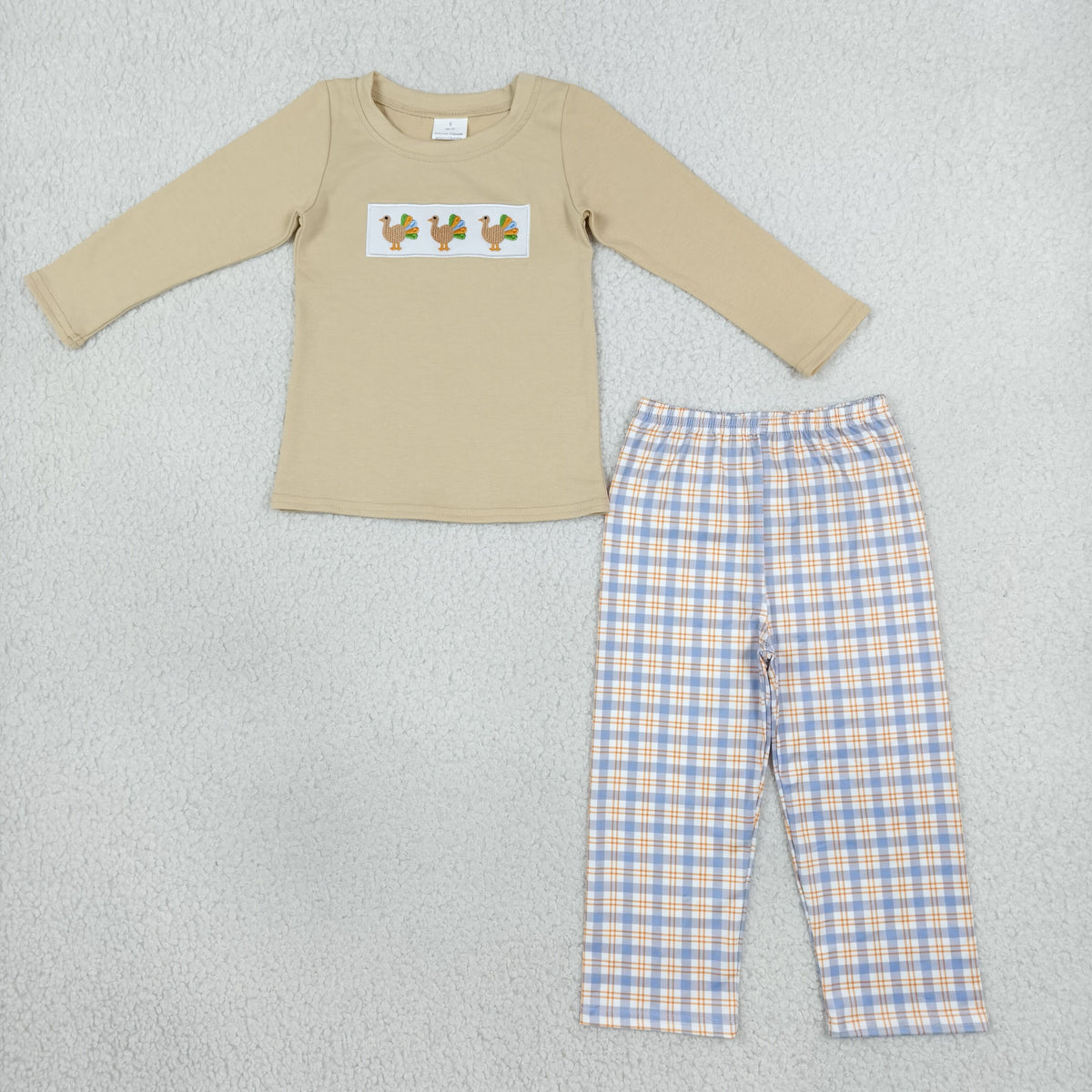 BLP1495 Baby Boys Embroidery Turkey Top Checked Pant Thanksgivings Clothes Sets
