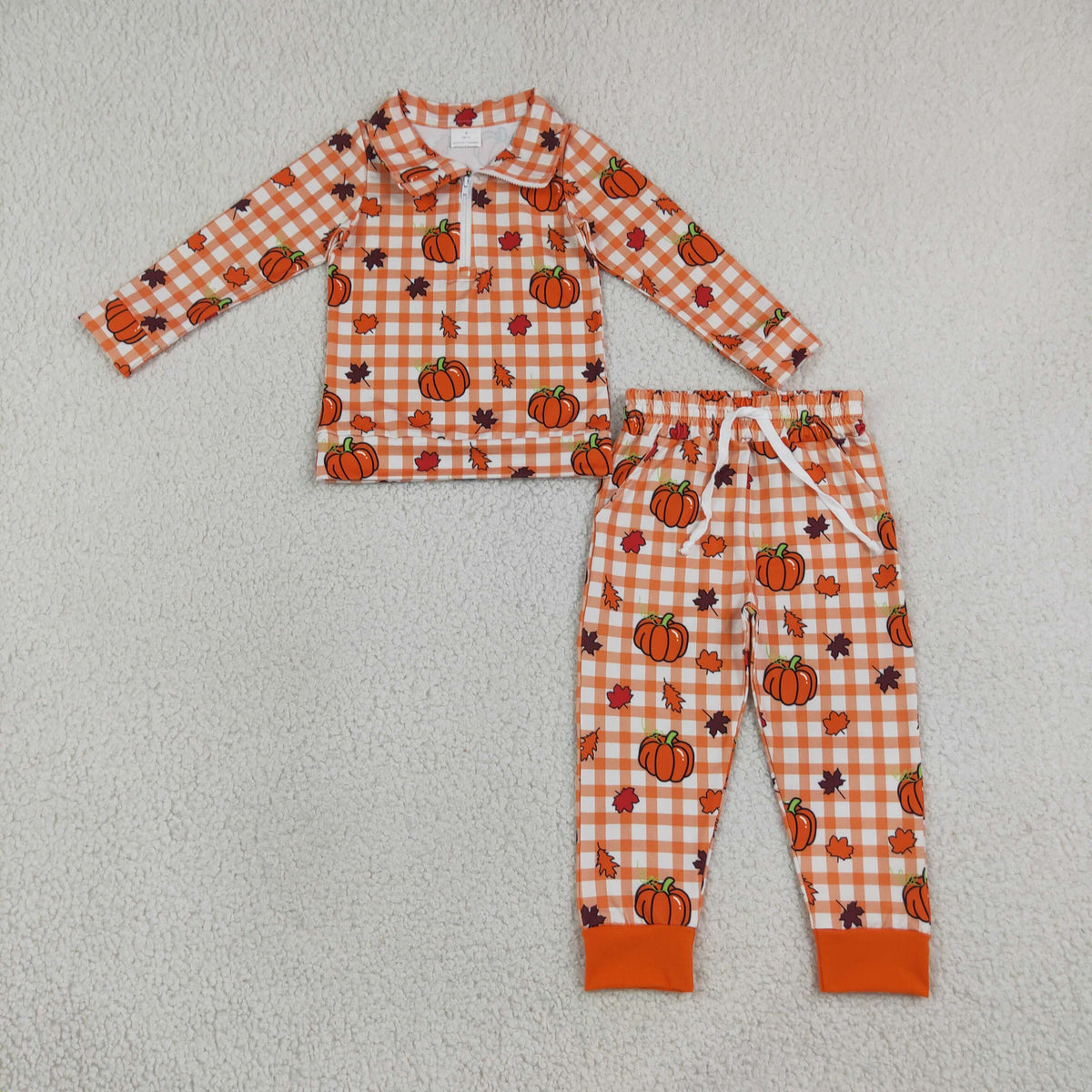 BLP1574 Baby Boys Footballs Leaves Checked Zip Pullovers Pockets Joggers Fall Clothes Sets