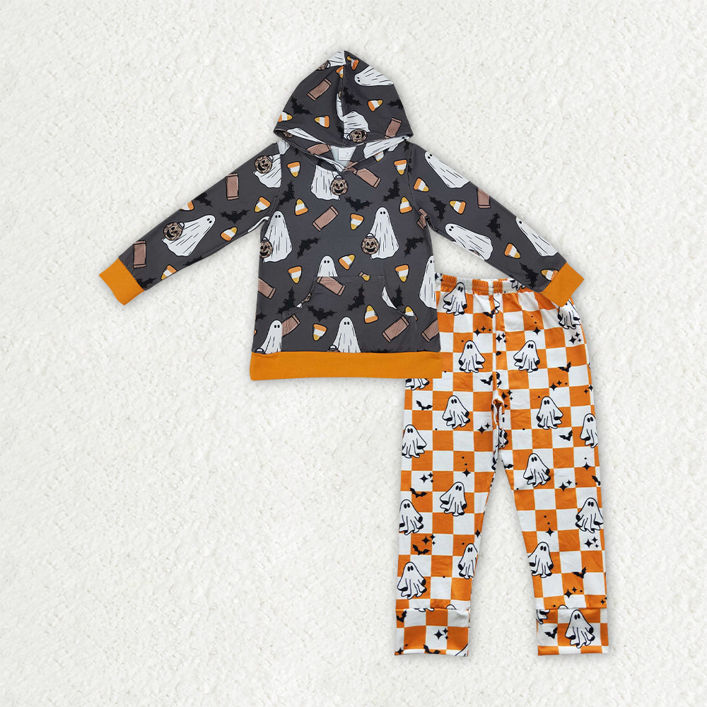 BLP1607 Baby Boys Ghosts Bats Hoodies Checked Pant Halloween Clothes Sets