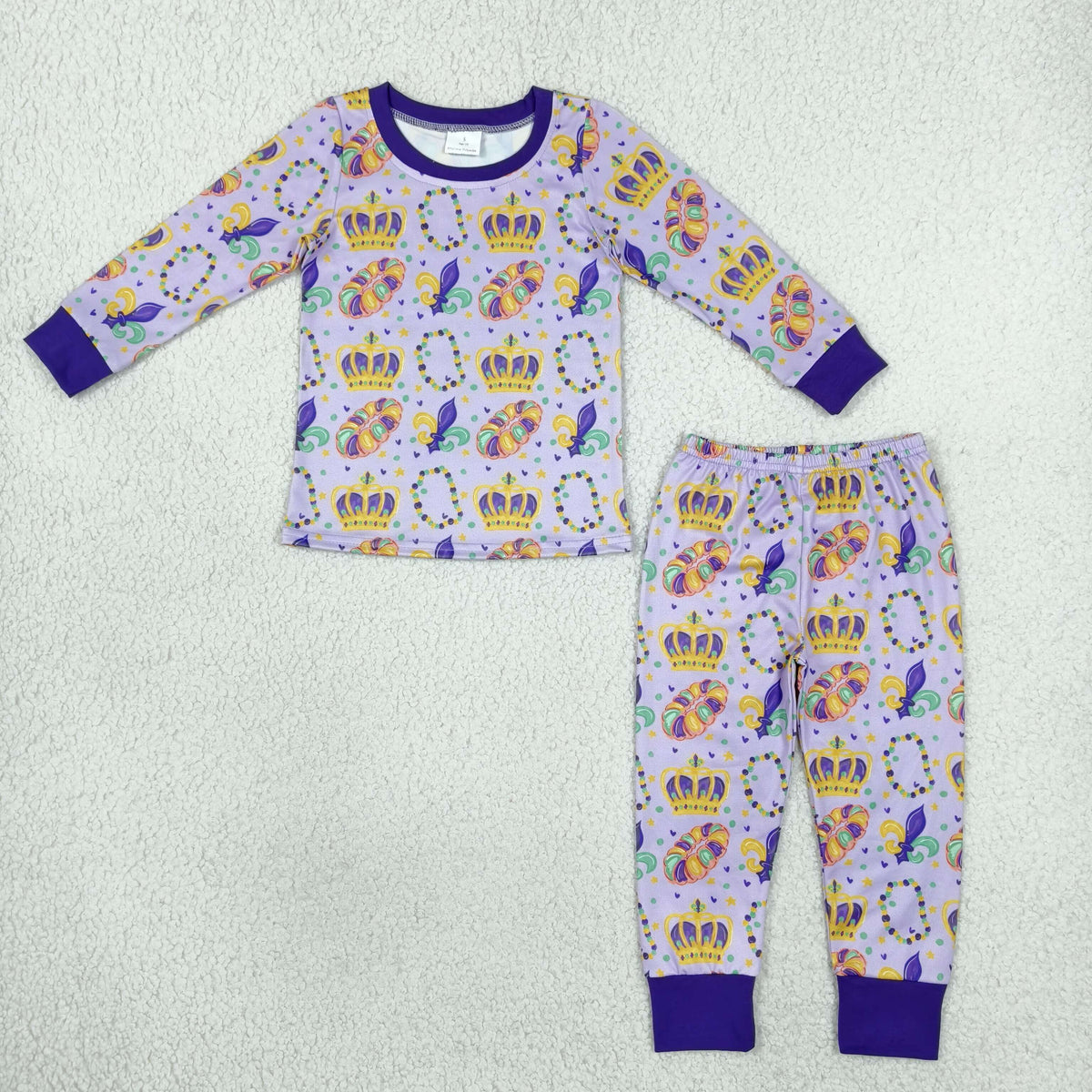BLP1610 Baby Boys Long Sleeve Mardigras Crowns Donuts Top Pant Pajamas Set