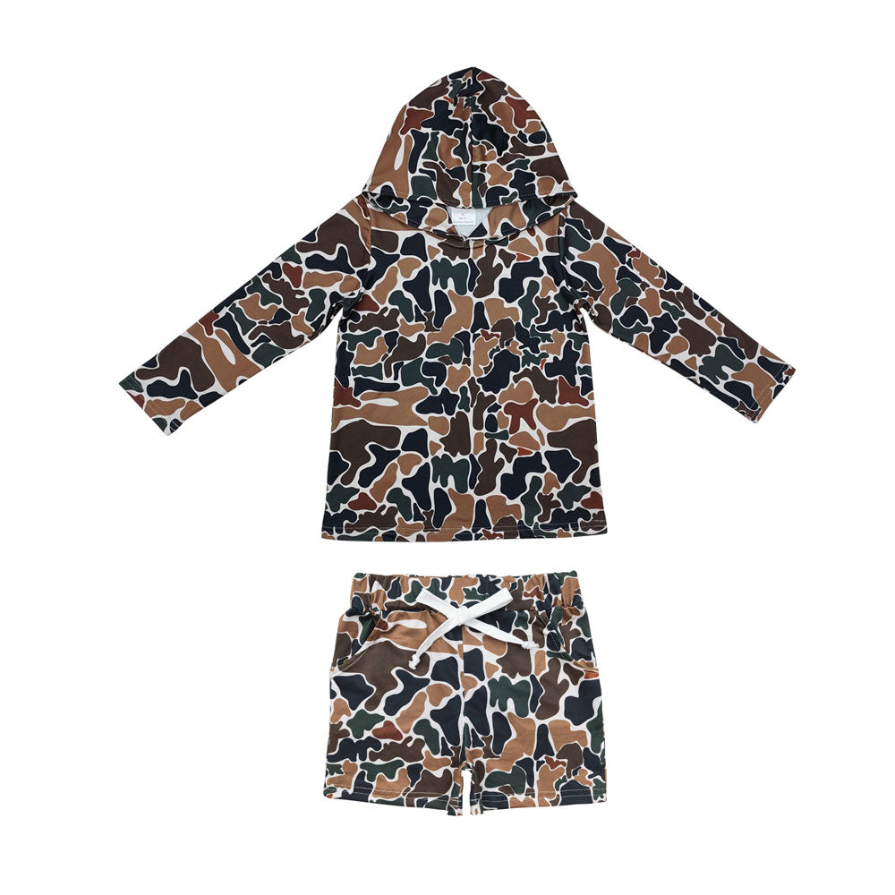 BLS0004 Baby Boys Dark Brown Camo Long Sleeve Hoodies Pockets Shorts Southern Clothes Set