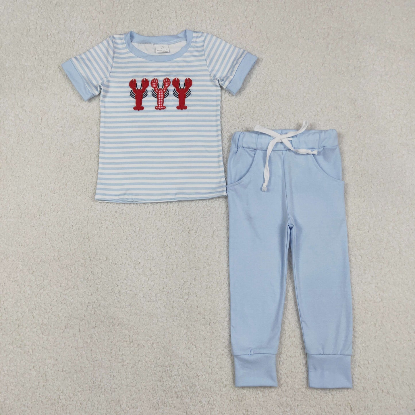 BSPO0616 Baby Boys Embroidery Crayfishes Blue Stripe Top Pockets Leggings Clothes Sets