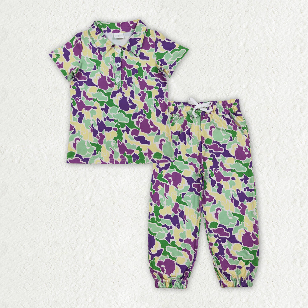 BSPO0659 Baby Boys Mardigras Camo Button Polo Shirt Pockets Jogger Pants Clothes Sets