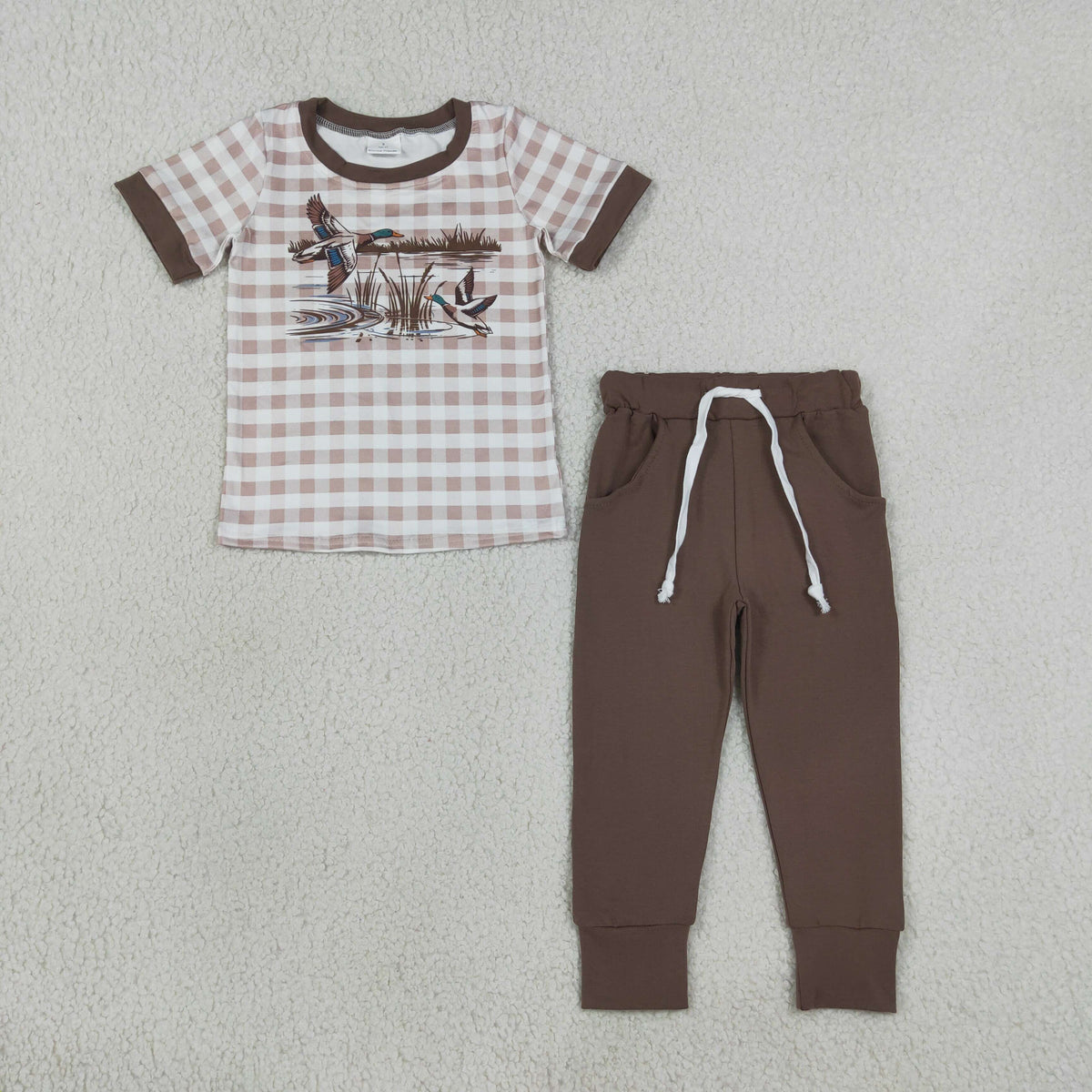BSPO0689 Baby Boys Brown Checked Ducks Top Pockets Joggers Hunting Clothes Set