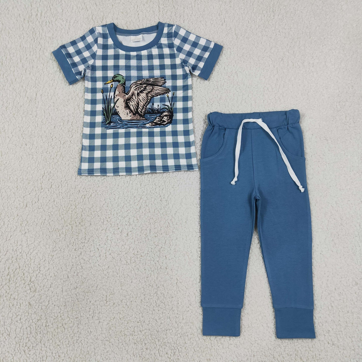 BSPO0690 Baby Boys Blue Checked Ducks Top Pockets Joggers Hunting Clothes Set