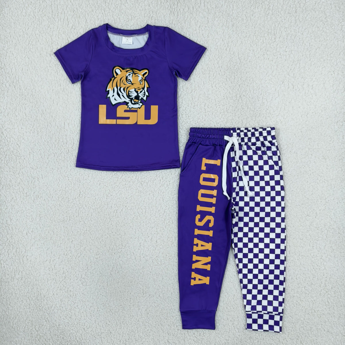 BSPO0698 Baby Boys Vinyl LSU Tiger Top Red Checked Pockets Joggers Team Clothes Set