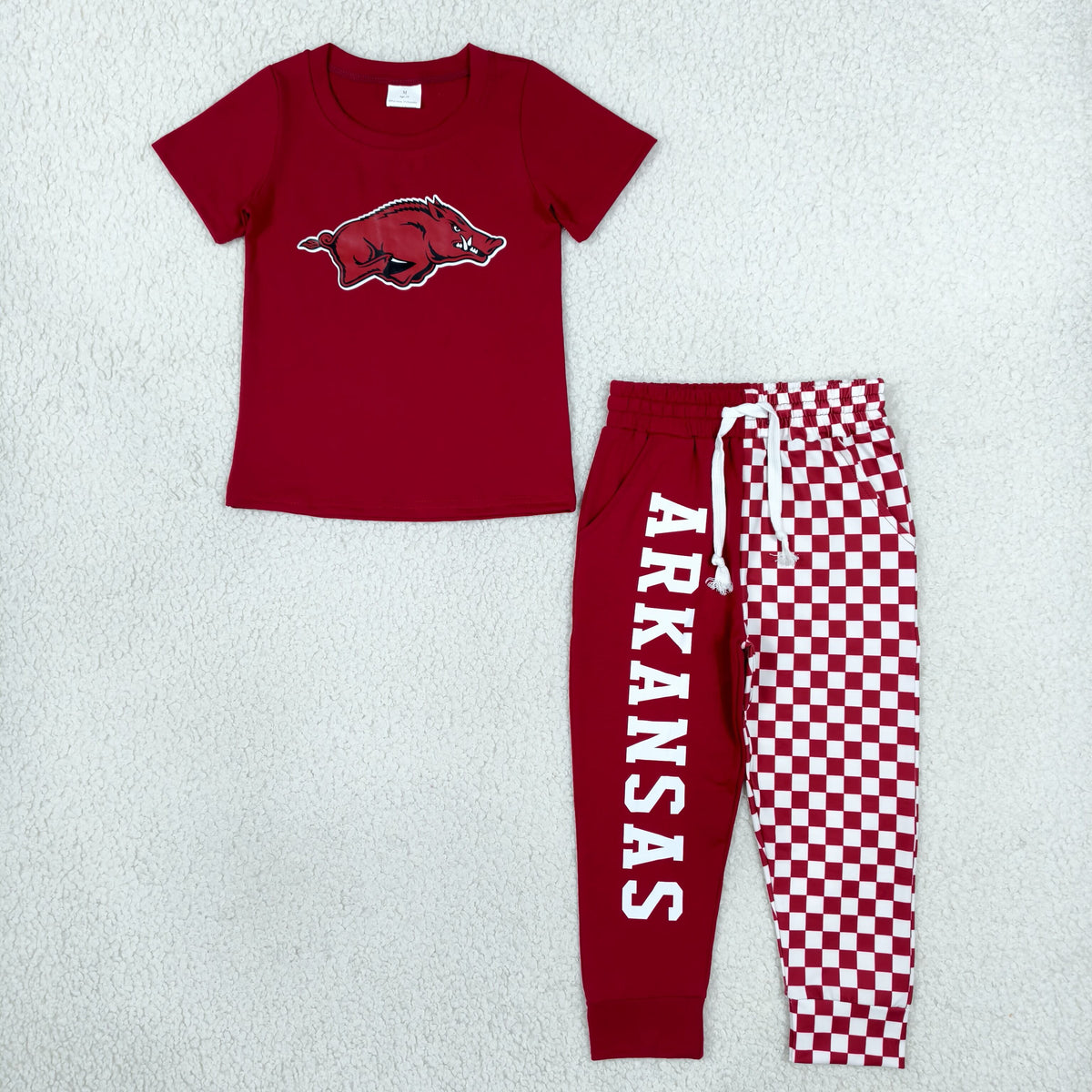 BSPO0699 Baby Boys Vinyl Arkansas Top Red Checked Pockets Joggers Team Clothes Set