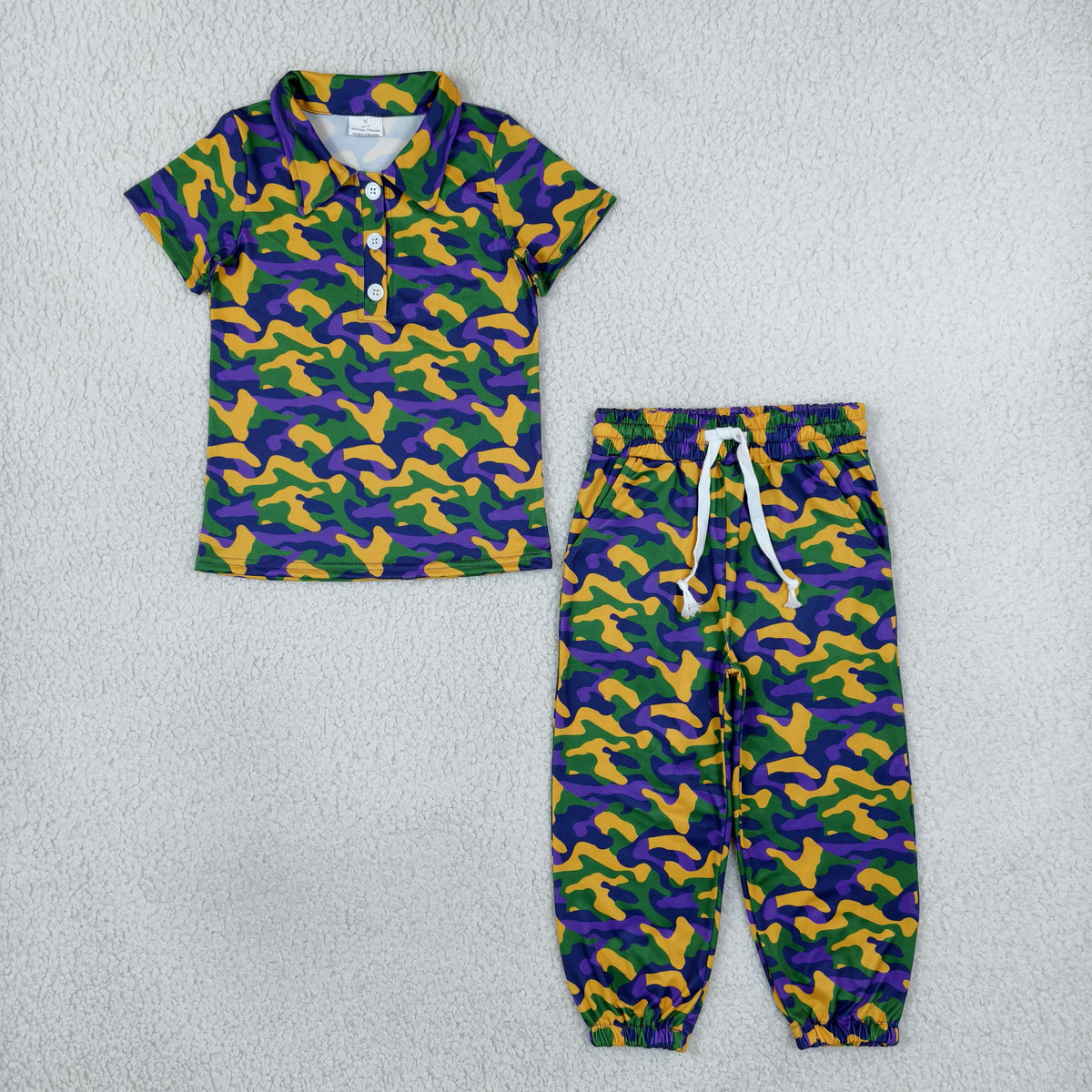BSPO0721 Baby Boys Short Sleeve Mardigras Camo Button Polo Shirt Pockets Jogger Clothes Set