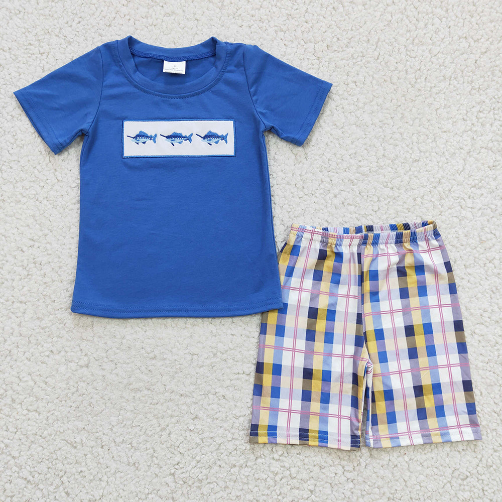BSSO0125 baby boy clothes embroidery sharks summer outfits