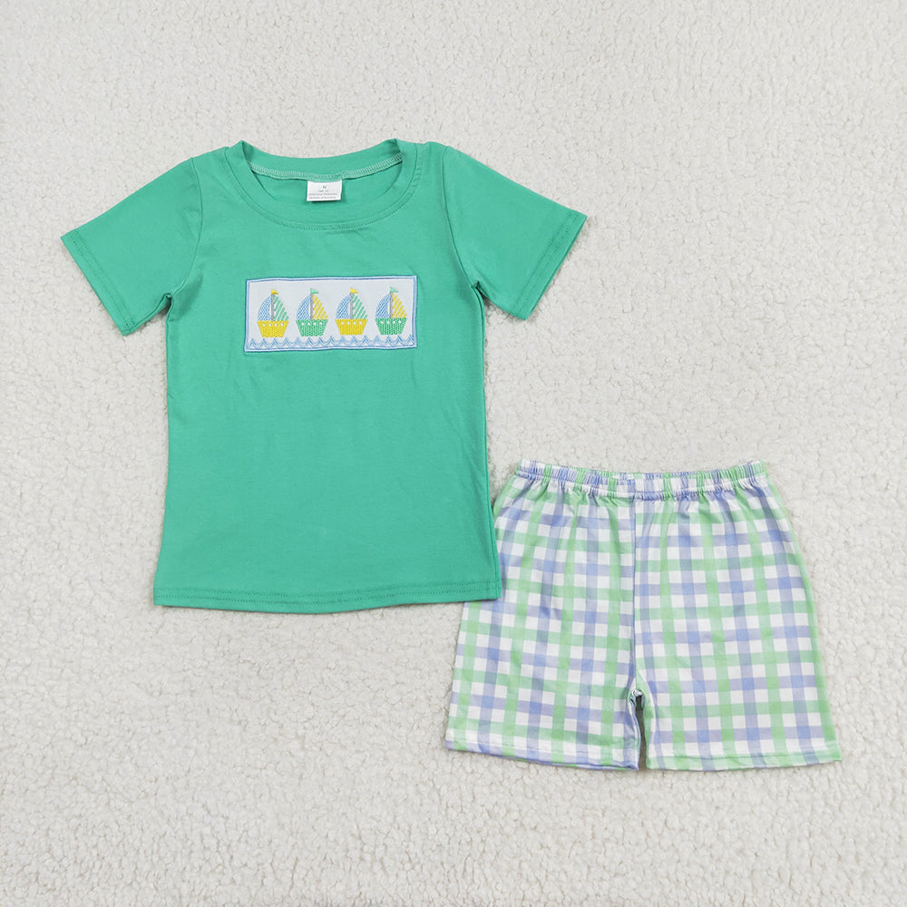 BSSO0887 baby boys clothes embroidery sailboats summer outfits