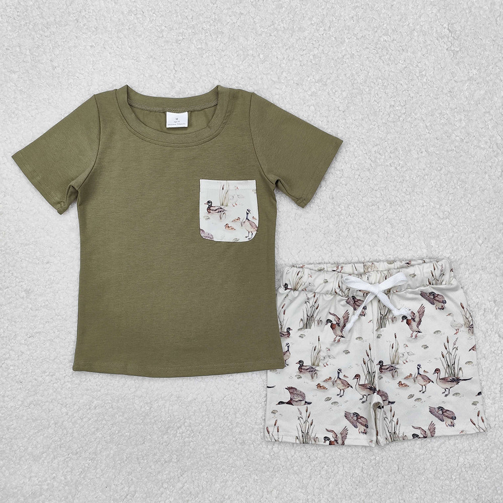 BSSO1175 baby boy green pocket shirt ducks mallard summer outfit