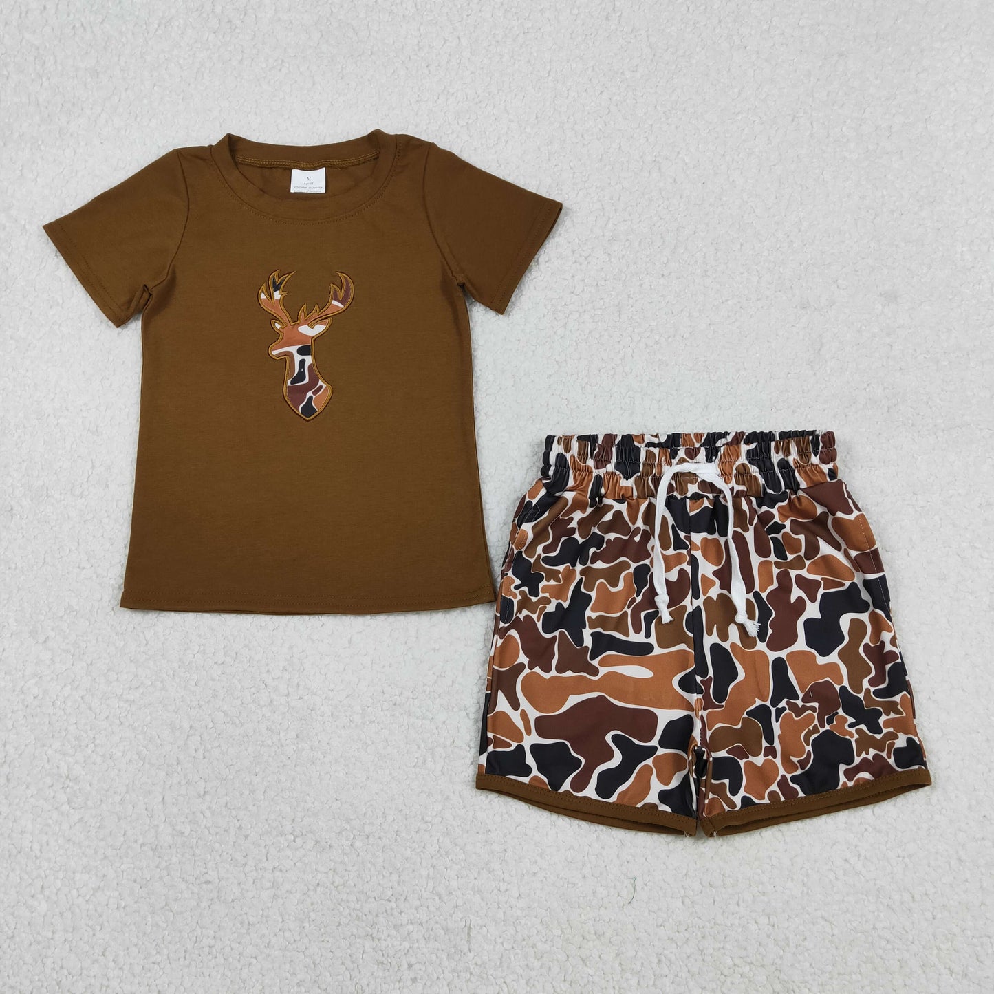BSSO1575 Baby Boys Dark Brown Camo Embroidery Deer Pockets Short Hunting Clothes Sets