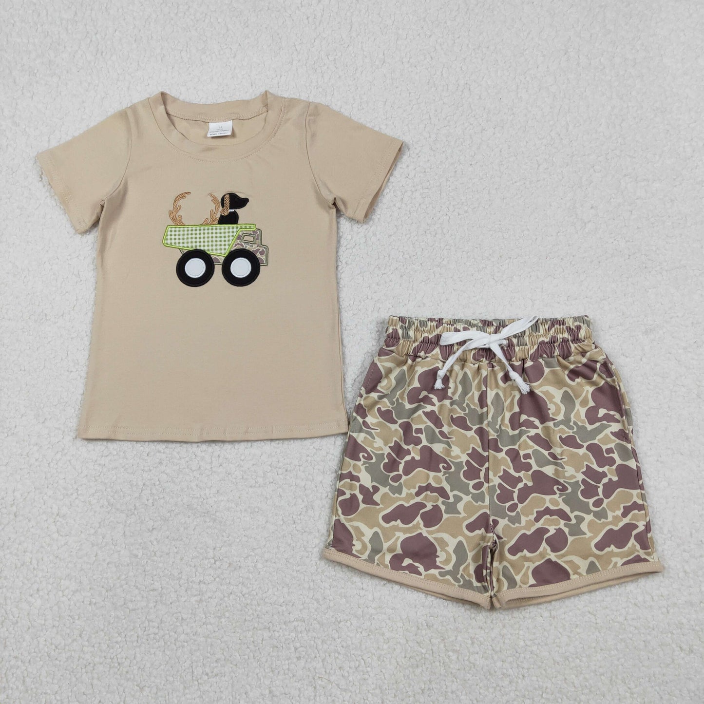 BSSO1576 Baby Boys Embroidery Truck Deer Dogs Top Pockets Shorts Hunting Clothes Sets