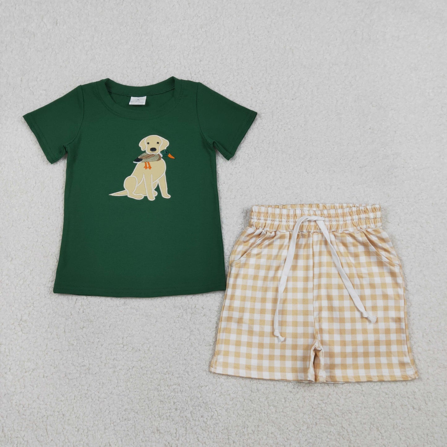 BSSO1636 Baby Boys Embroidery Dog Duck Top Checked Pockets Short Hutning Clothes Sets