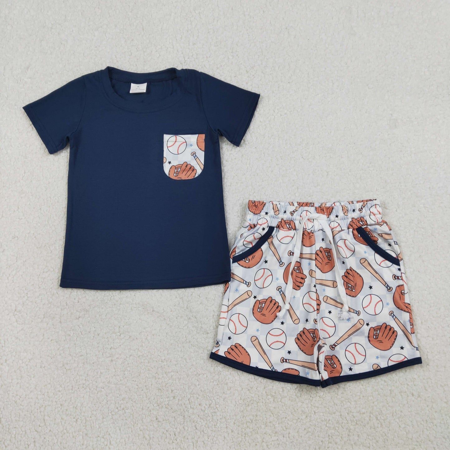 BSSO1669 Baby Boys Navy Shirt Top Baseballs Pockets Short Team Clothes Sets