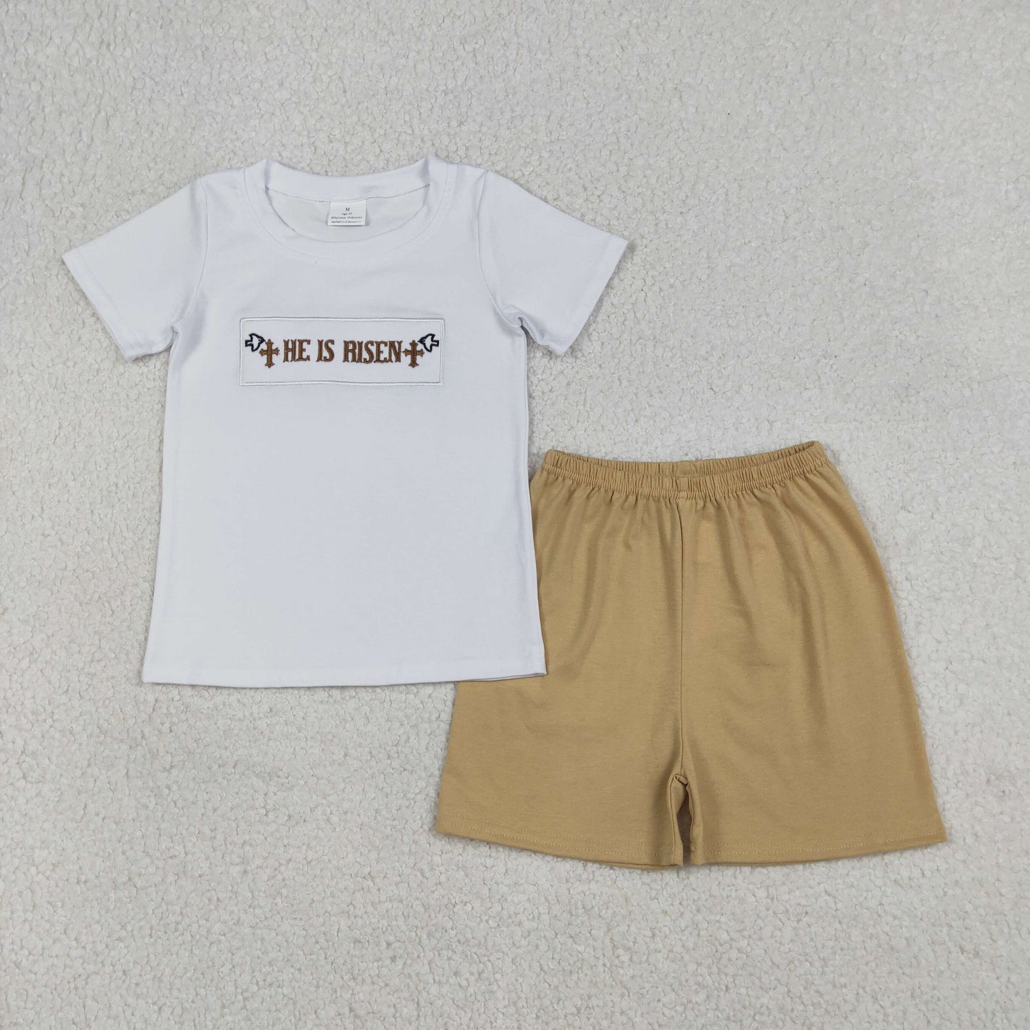BSSO1674 Baby Boys Embroidery Crosses He is Risen Top Shorts Easter Clothes Sets