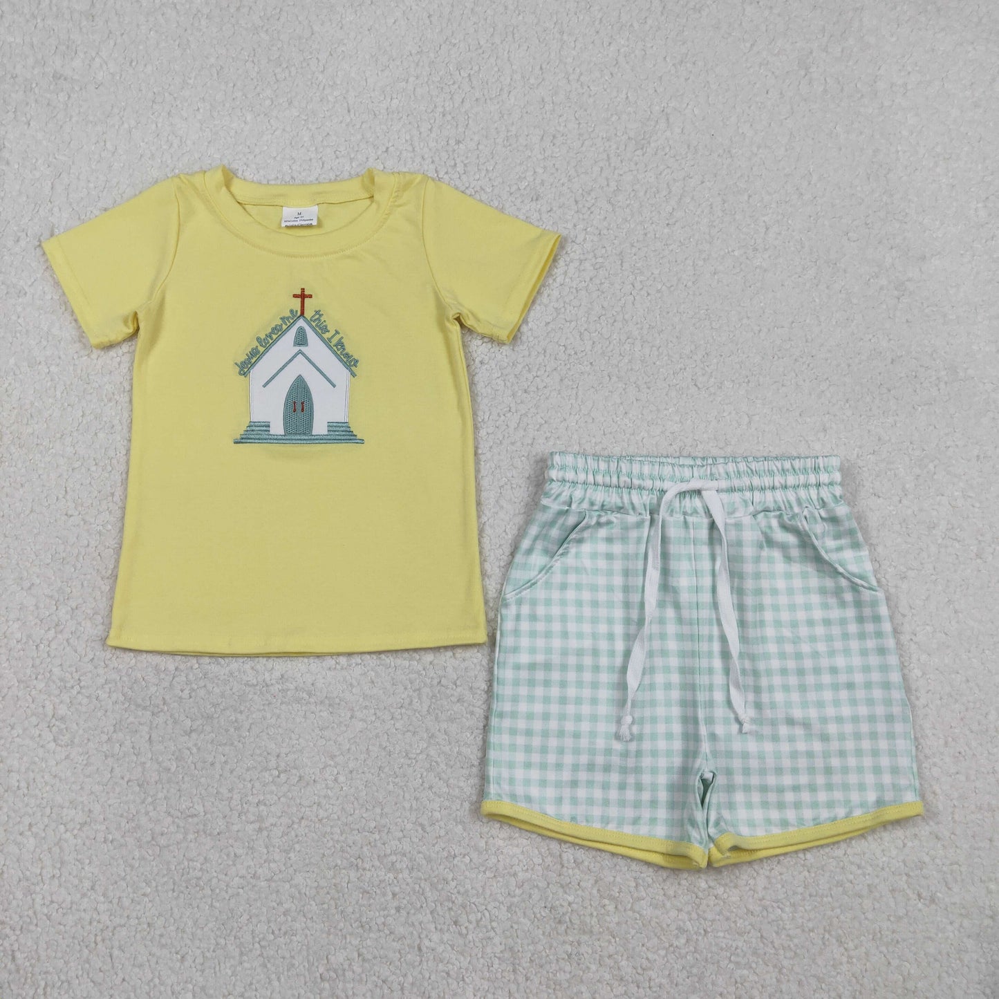 BSSO1740 Baby Boys Embroidery Church Cross Top Checked Pockets Short Easter Clothes Sets
