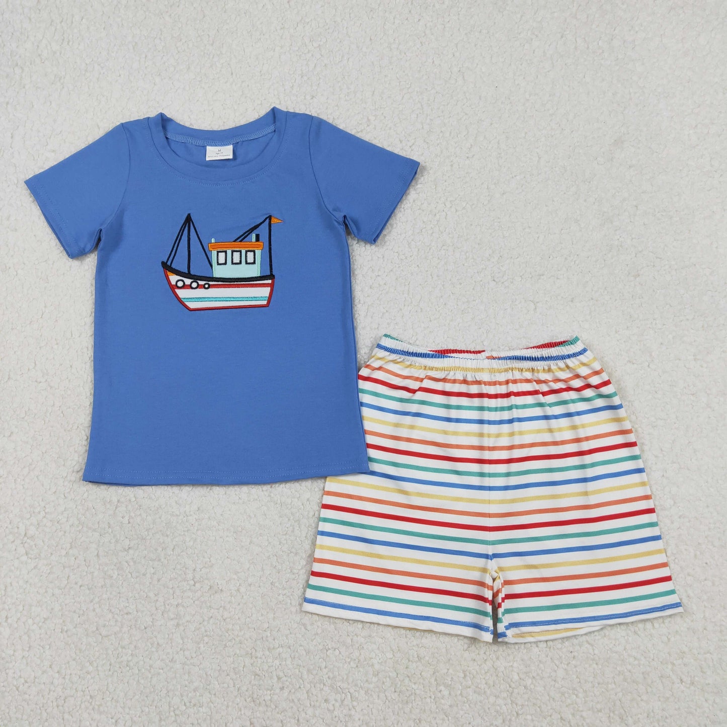 BSSO1754 Baby Boys Embroidery Boats Top Stripe Short Clothes Sets