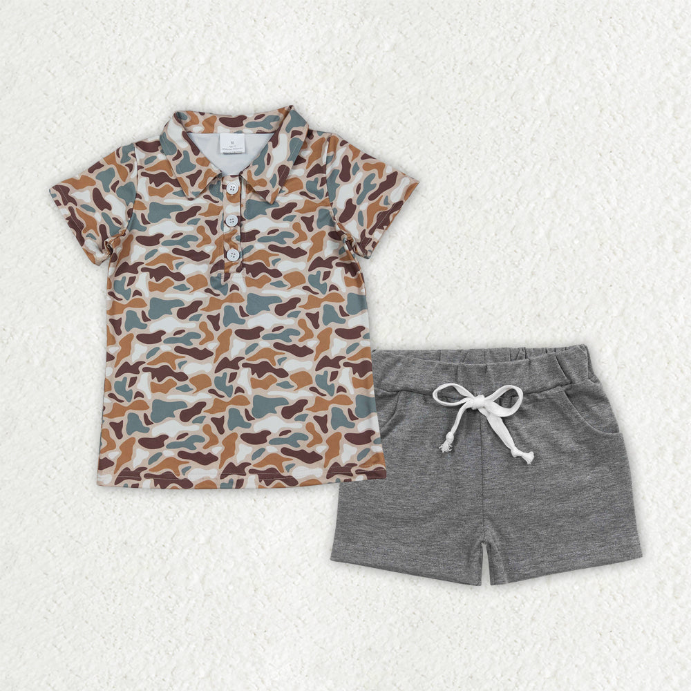 BSSO1782 Baby Boys Southern Khaki Camo Button Polo Shirt Pockets Shorts Clothes Sets