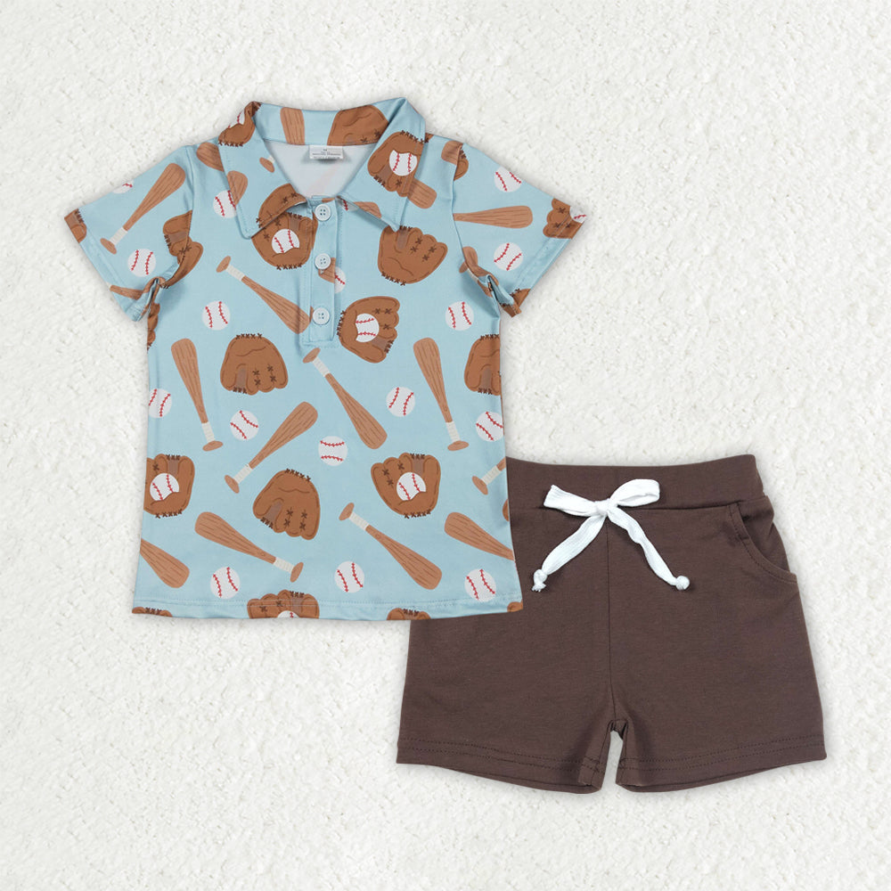 BSSO1805 Baby Boys Baseballs Button Polo Shirt Pockets Shorts Team Clothes Sets