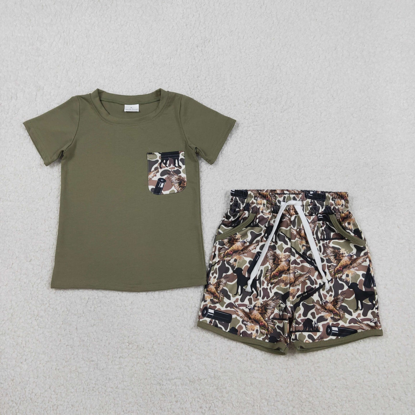 BSSO1847 Baby Boys Southern Duck Dogs Camo Top Pockets Shorts Hunting Clothes Sets