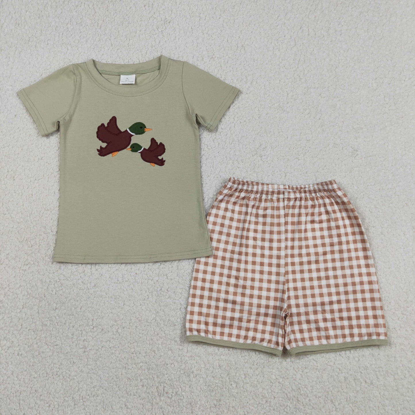 BSSO1867 Baby Boys Embroidery Ducks Top Checked Short Hunting Clothes Set