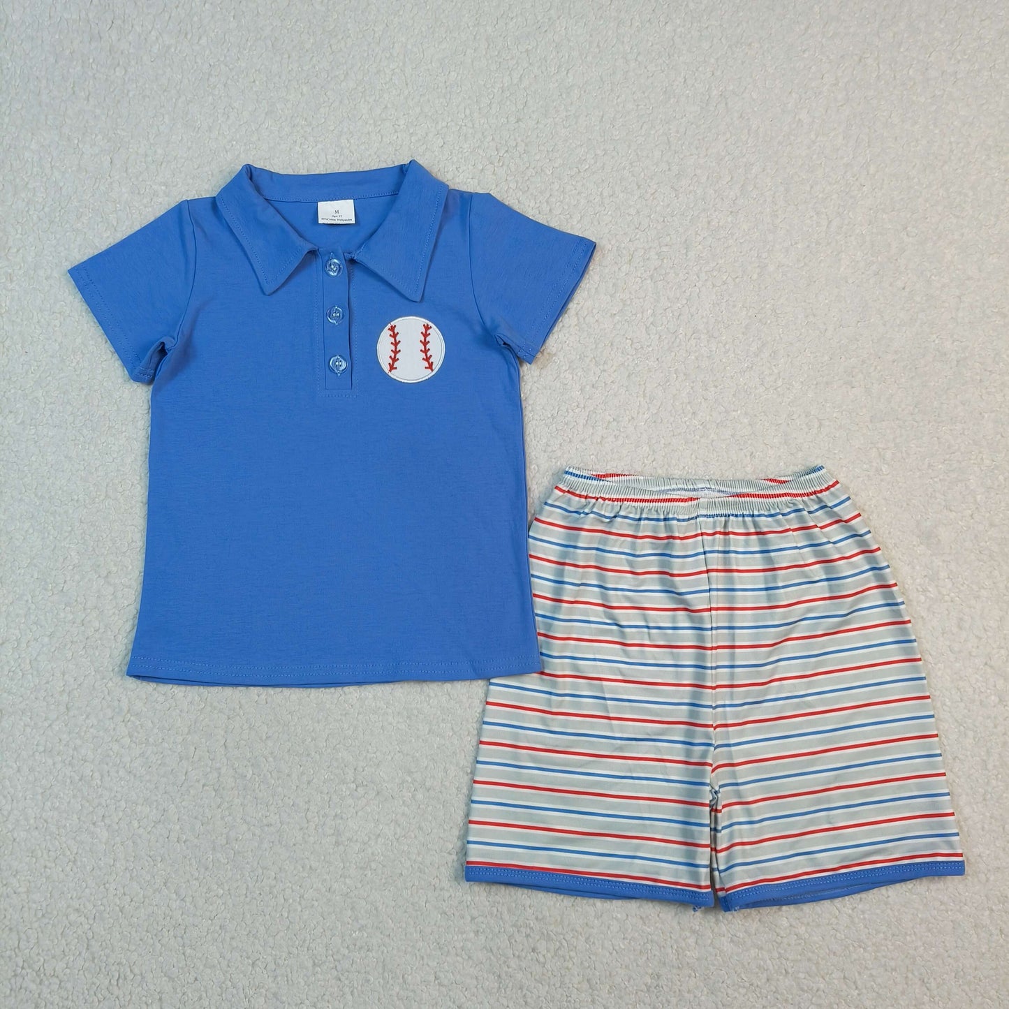 BSSO1877 Baby Boys Embroidery Baseball Button Polo Top Stripe Short Team Clothes Set