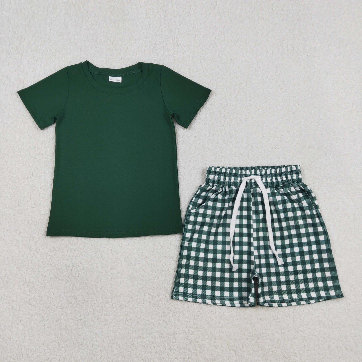 BSSO1885 Baby Boys Dark Green Shirts Top Checked Pockets Shorts Clothes Sets