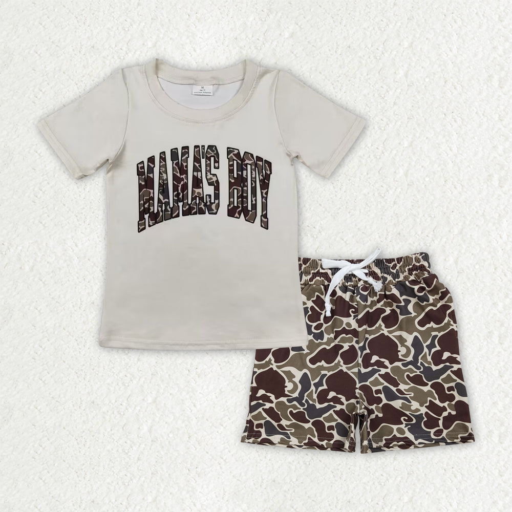 BSSO1901 Baby Boys MAMA'S BOY Top Dark Khaki Pockets Shorts Clothes Sets