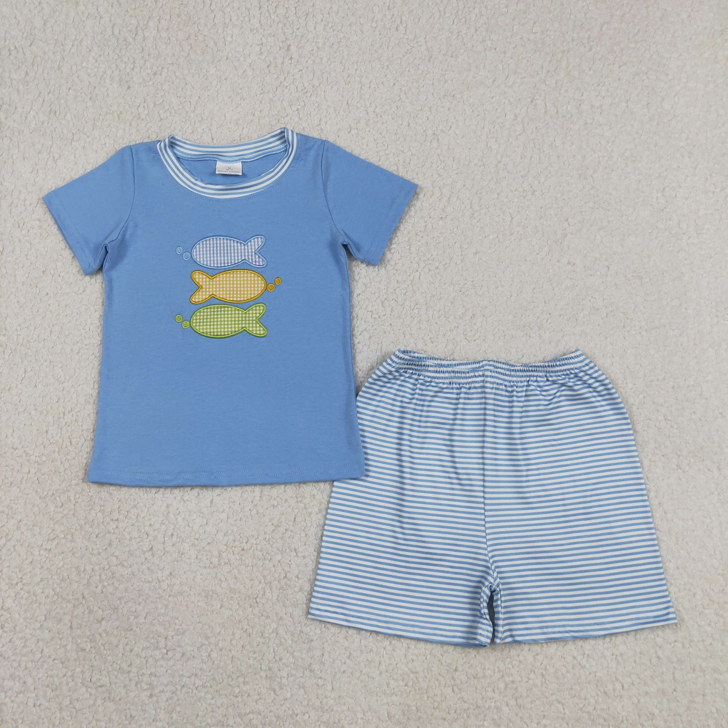 BSSO1905 Baby Boys Blue Embroidery Fishes Top Stripe Short Hunting Clothes Set