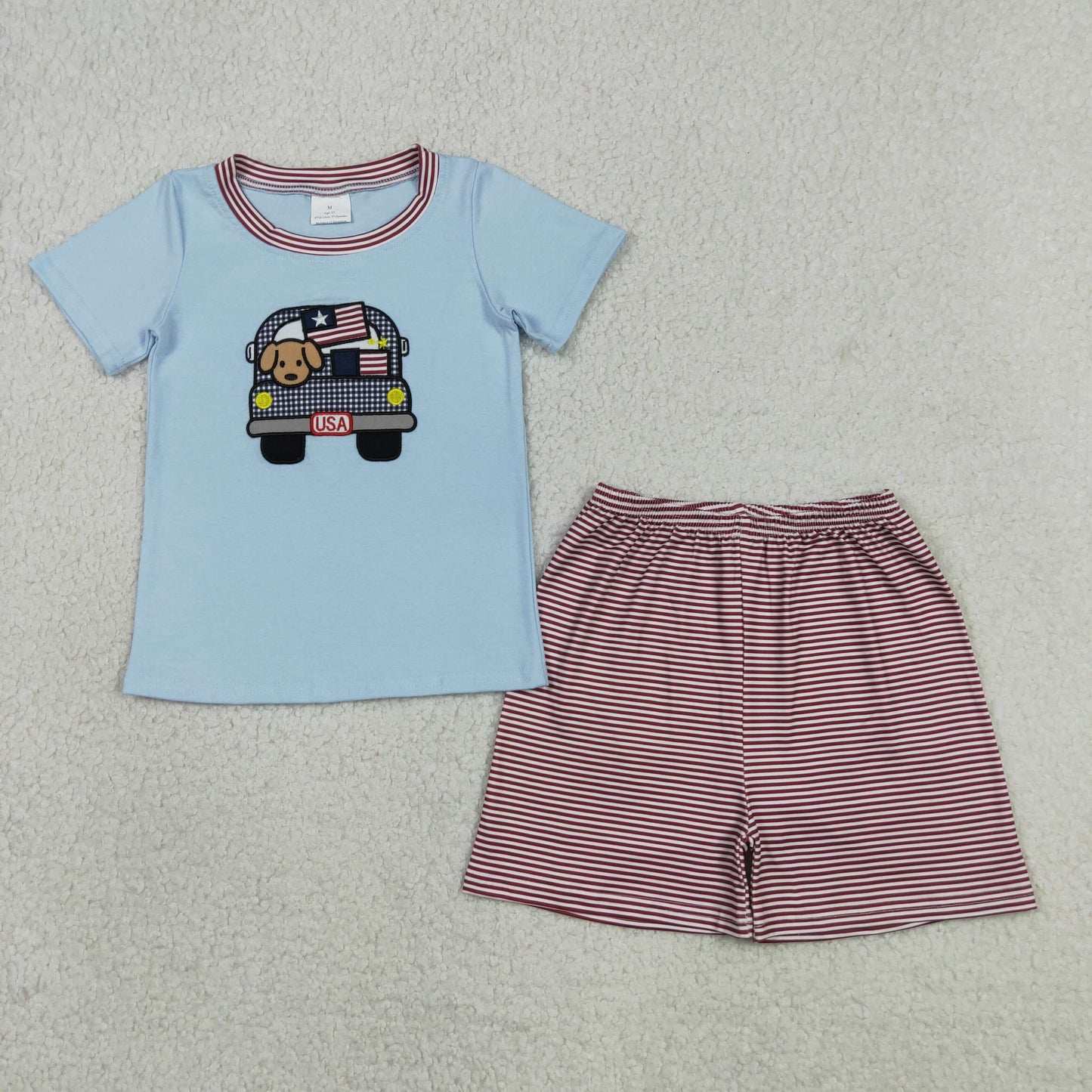 BSSO1918 Baby Boys Embroidery Dogs Truck Flag Top Stripe Short 4th of July Clothes Set