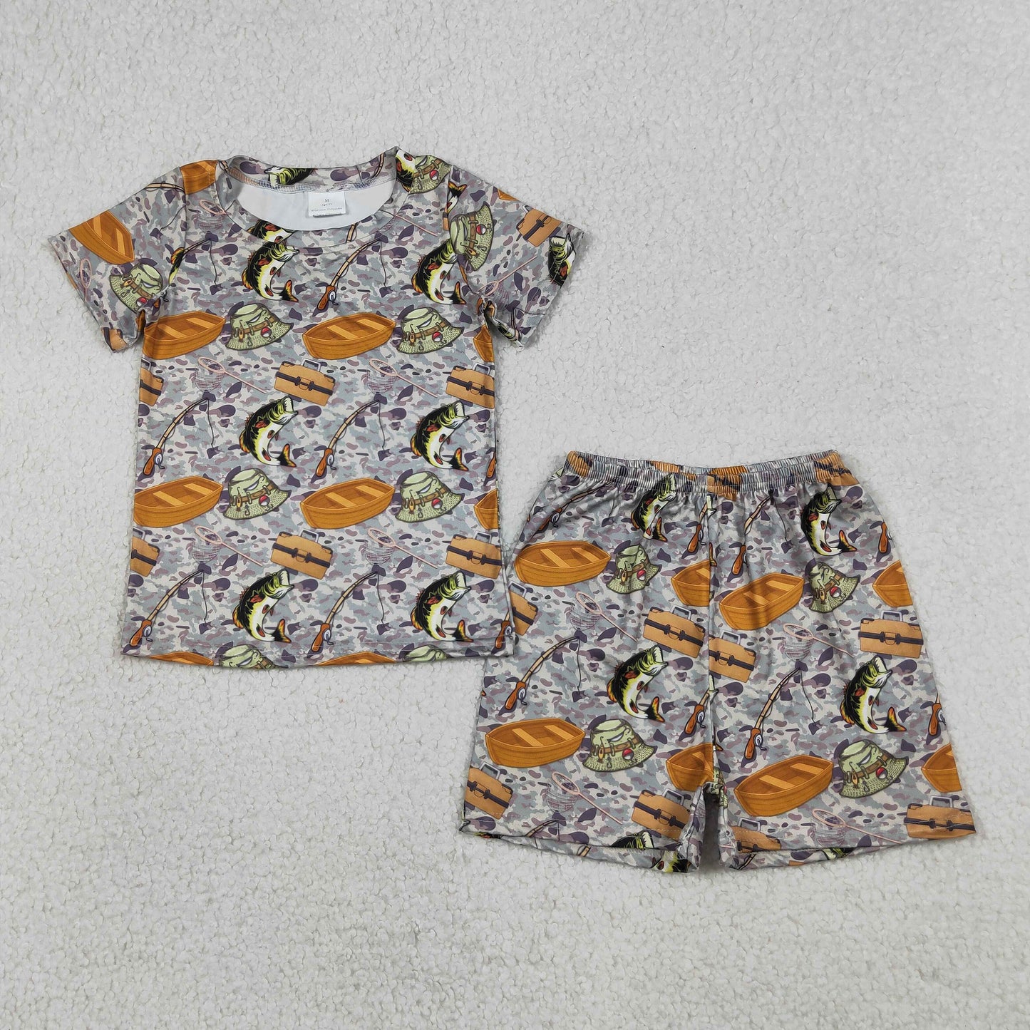 BSSO1920 Baby Boys Short Sleeve Grey Camo Fishing Top Short Hunting Pajamas Set