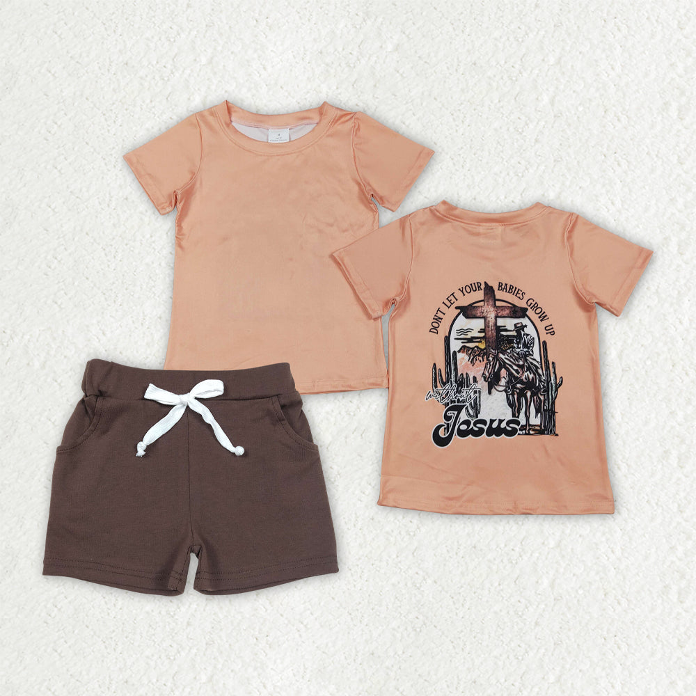 BSSO1936 Baby Boys Jesus Horse Rodeos Top Pockets Shorts Clothes Sets