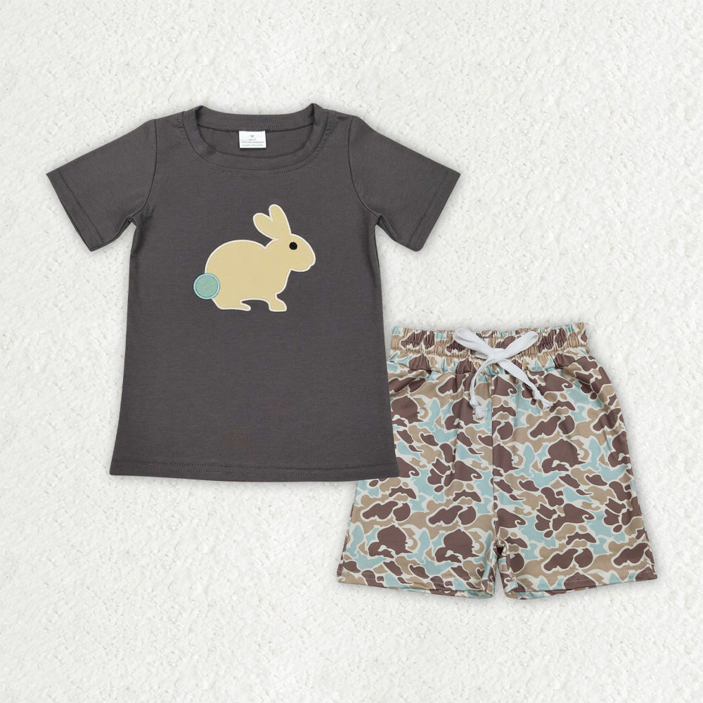 BSSO1987 Baby Boys Embroidery Rabbits Top Khaki Camo Pockets Short Easter Clothes Sets