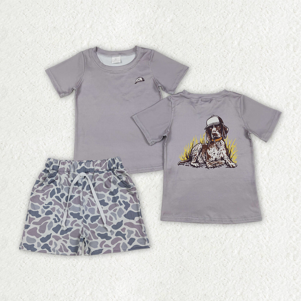 BSSO1988 Baby Boys Hat Dogs Top Light Grey Camo Pockets Short Hunting Clothes Sets