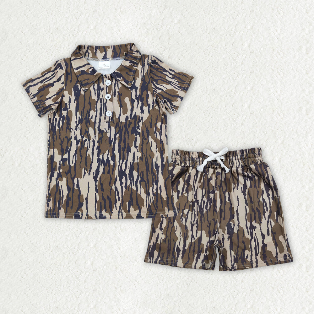 BSSO1997 Baby Boys Southern Olive Camo Button Polo Shirt Pockets Short Clothes Sets