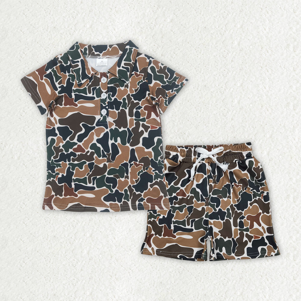 BSSO1998 Baby Boys Southern Dark Brwon Camo Button Polo Shirt Top Pockets Short Set