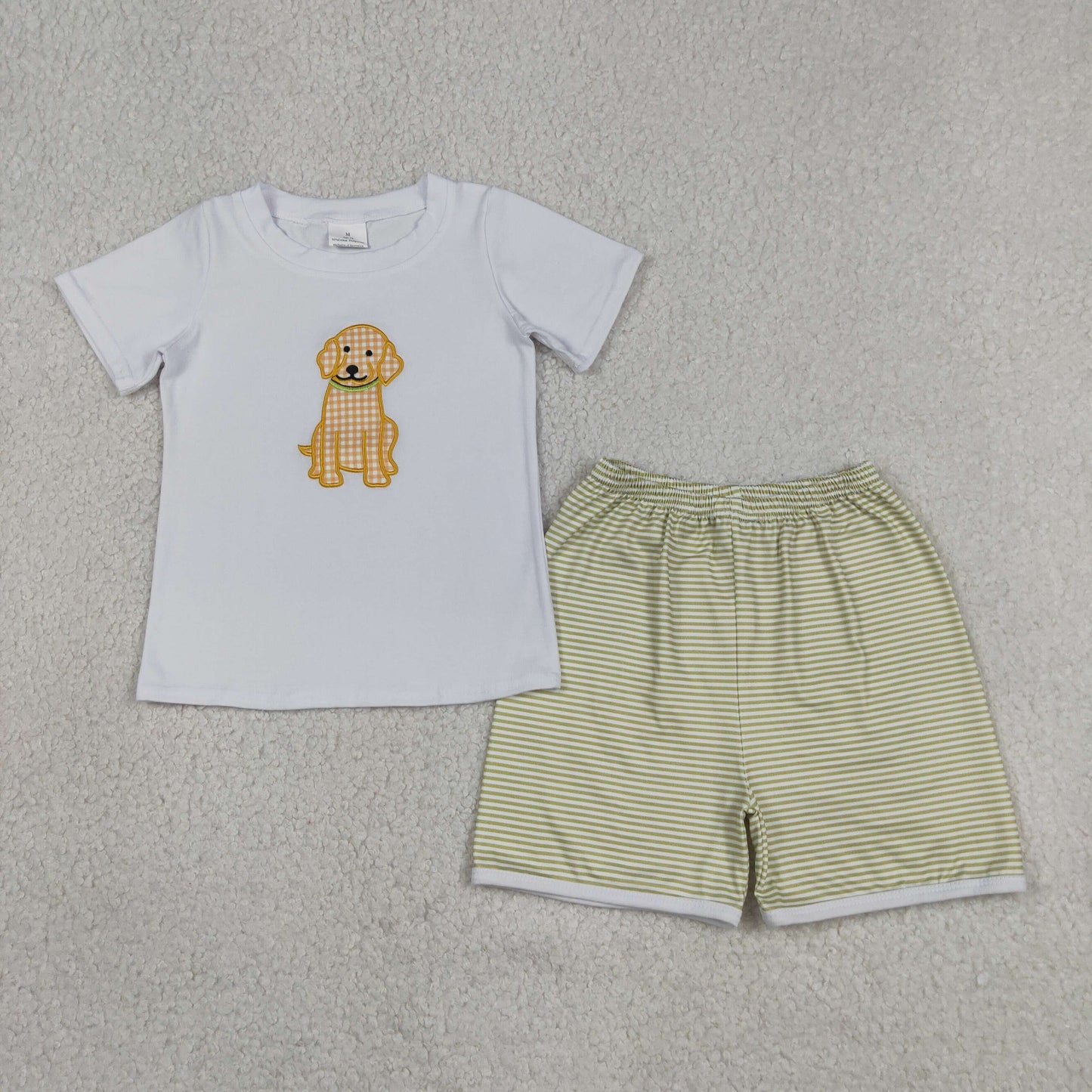 BSSO2002 Baby Boys Embroidery Dogs Shirt Top Stripe Short Hunting Clothes Set