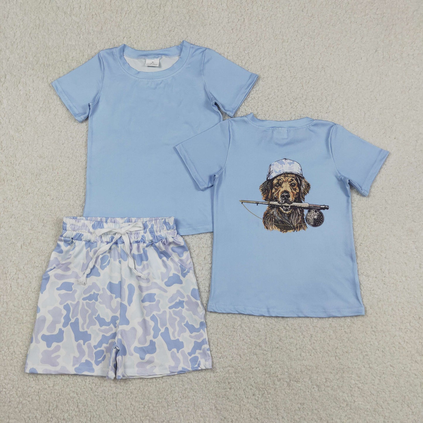 Sibling Baby Boys Dog Fishing Light Blue Camo Polo Top Pockets Shorts Hunting Clothes Set