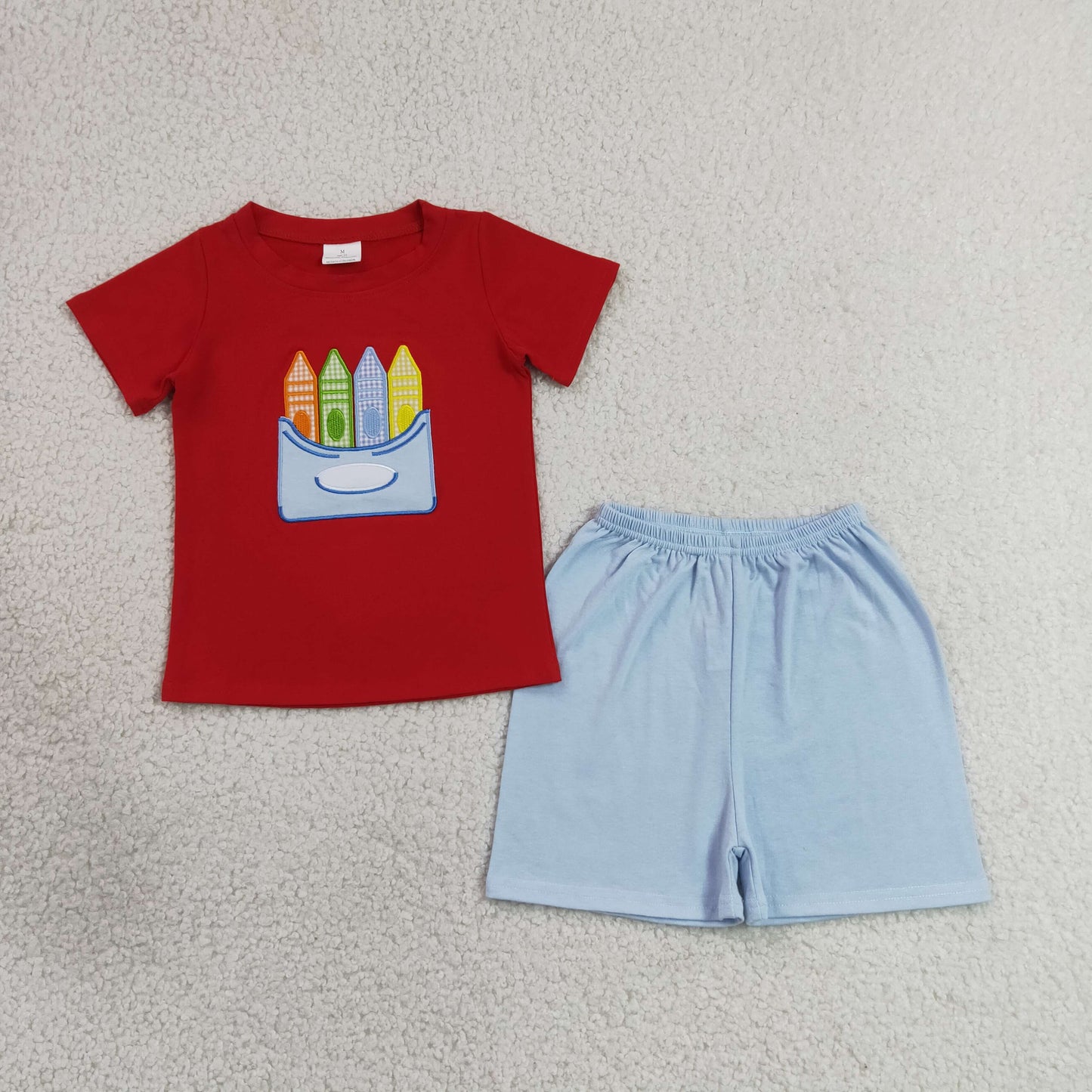Sibling Baby Boys Embroidery Apple Pencils Top Pockets Short Back to School Clothes Sets