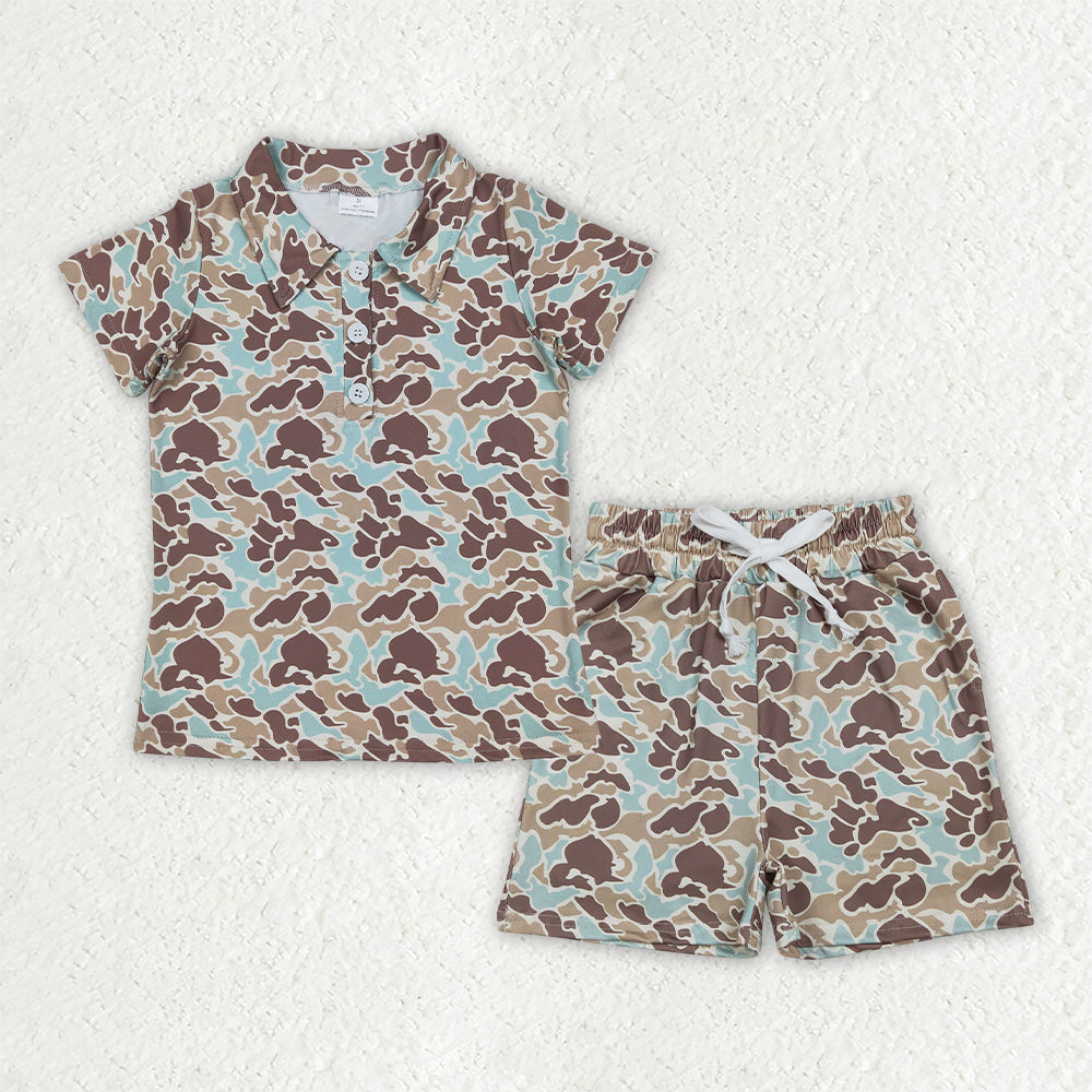 BSSO2047 Baby Boys Khaki Green Camo Button Polo Shirts Pockets Shorts Clothes Set