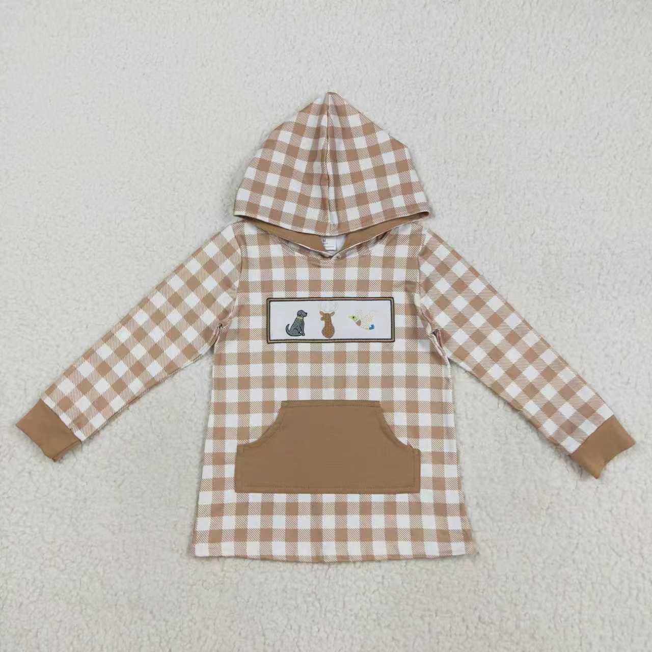 Sibling Embroidery Dogs Deer Fish Kids Hunting Pocket Hoodies Tops