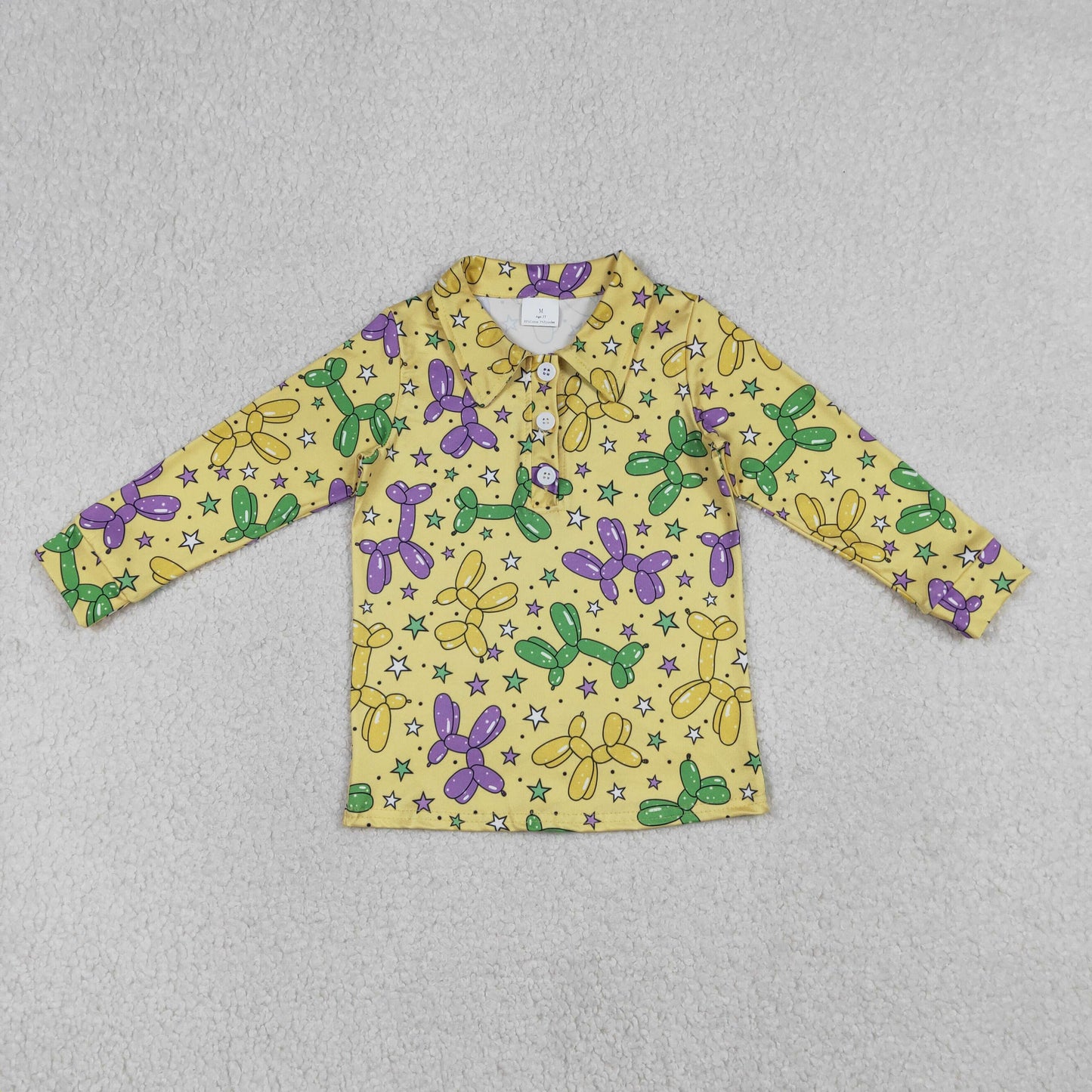 BT1388 Baby Boys Long Sleeve Mardigras Stars Dogs Button Polo Shirts Top